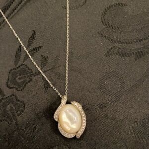 Elegant Mother Of Pearl Pendant Necklace With CZ  Frame On 925 Silver
